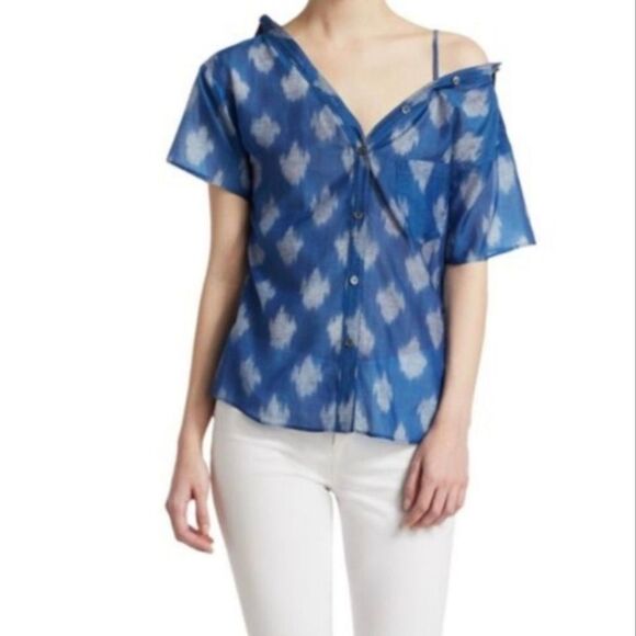 Theory Blue Patterned Off-Shoulder Blouse - Picture 2 of 8